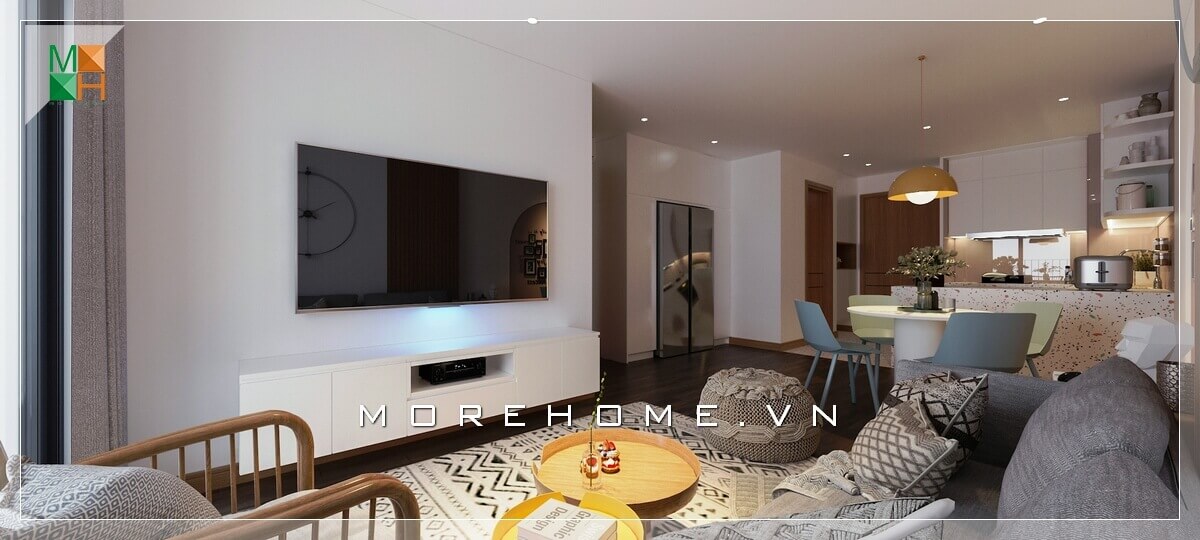 Thiết kế phòng khách chung cư ấn tượng với phong cách hiện đại trẻ trung và sinh động tạo nên một góc nhìn lôi cuốn. Thiết kế phòng khách chung cư hiện đại