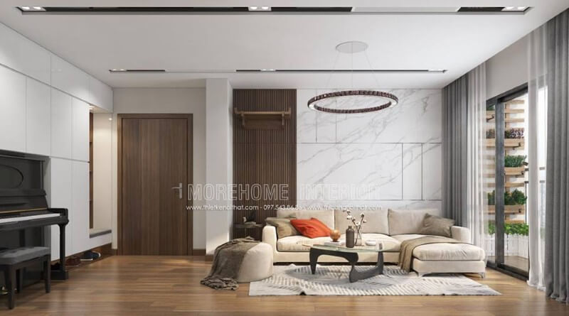 Bộ sofa vải chữ L màu trắng được đặt ở không gian phòng khách tôn lên vẻ đẹp hiện đại cho không gian