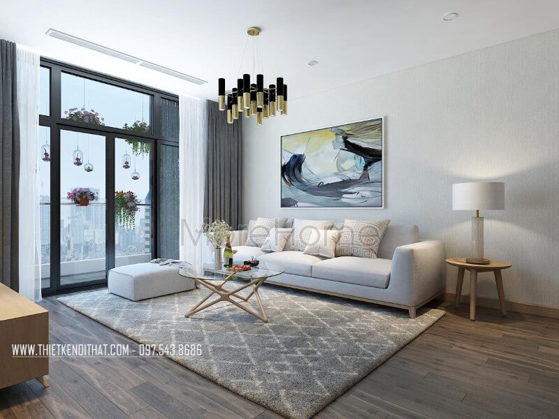 Mẫu sofa vải chân gỗ màu trắng là sự lựa chọn mà KTS và gia chủ thích mang đến điểm nhấn không thể rời mắt cho không gian.