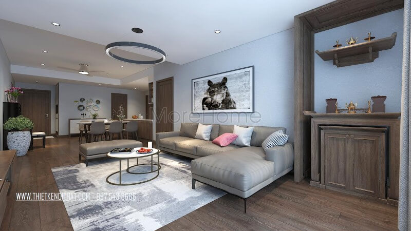 Thiết kế bộ sofa chữ L, chất liệu da màu xám lông chuột làm điểm nhấn cho không gian phòng khách mang đến sự sang trọng nhất định cho không gian này.