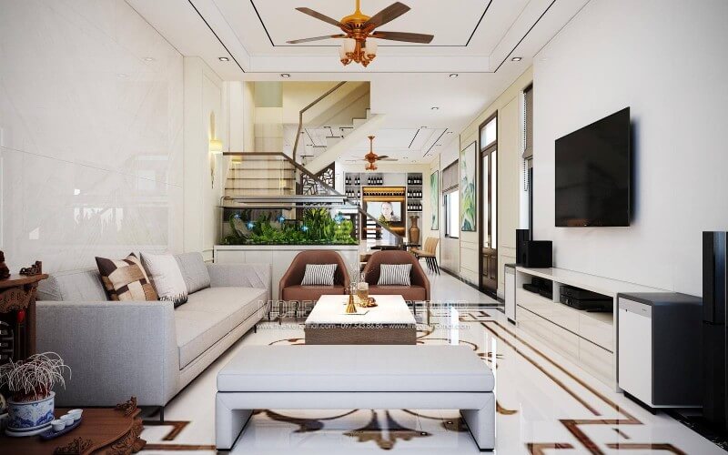 Nội thất sofa bọc vải hiện đại phòng khách với thiết kế đơn giản cho không gian tiếp khách tinh tế