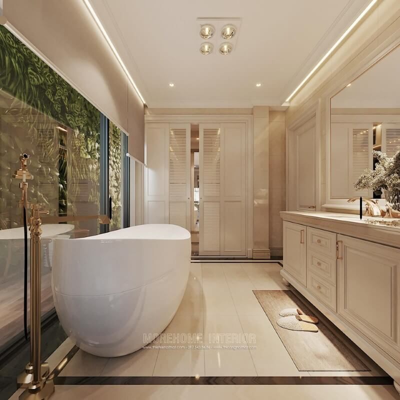 Kính cường lực sử dụng làm tường ngăn cách cho nhà tắm của nhà phố, biệt thự cao cấp thêm rộng rãi và gần gũi với thiên nhiên.