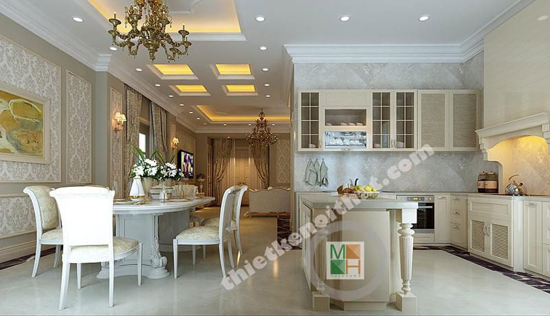 Phòng bếp với tone màu trắng cùng nội thất tân cổ điển tạo cảm giác sạch sẽ và sang trọng